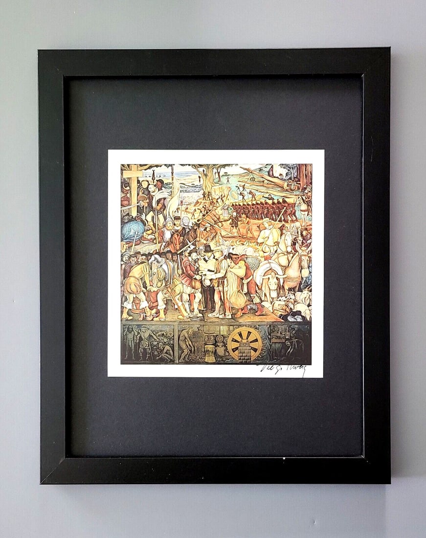 DIEGO RIVERA | VINTAGE BEAUTIFUL PRINT from MEXICO + 14x11in. + FRAMED: Up for Sale it's a Beautiful and Colorful 1975 Print after the Master Painter DIEGO RIVERA Art Piece is mounted in an acid free black board measuring 14x11 in. Framed covering an area of 15x12in.