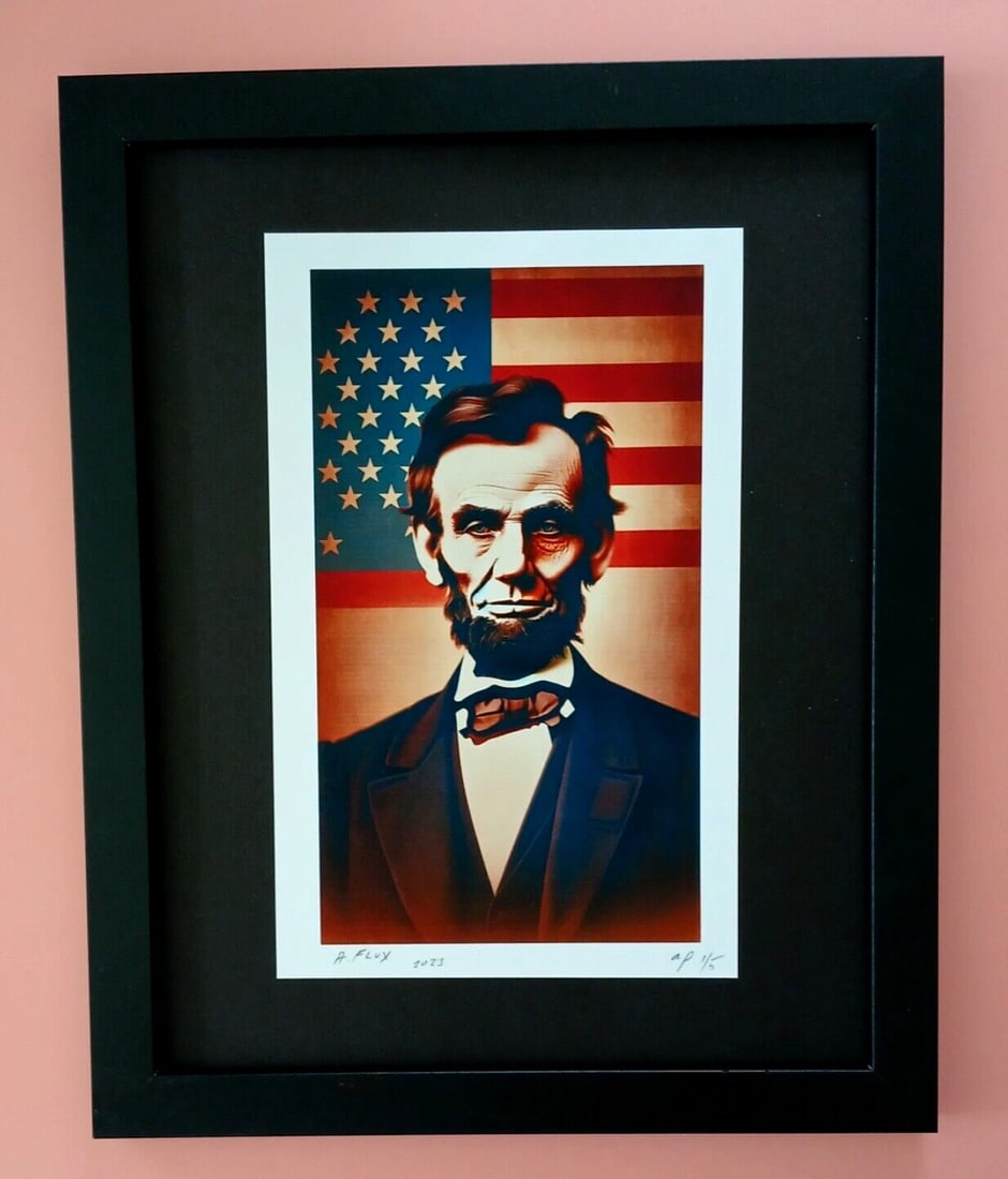 AIDAN FLUX | Hand Signed Original Print Framed | Ltd. Ed. COA Abraham Lincoln: This is a Stunning and Scarce 100% Authentic New Print by Aidan Flux AIDAN Flux represents a new wave of artists who embrace technology as a partner in creation, crafting works that resonate with the
