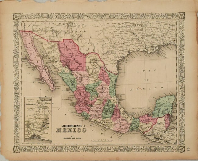 1865 Johnson Map of Mexico -- Johnson's Mexico: Title:1865 Johnson Map of Mexico -- Johnson's Mexico,li>Cartographer:Johnson and Ward Year/Place:1865, New York Map Dimension (in.):12.5 x 15.5 in. Description:This is a very nice map of Mexico, showi