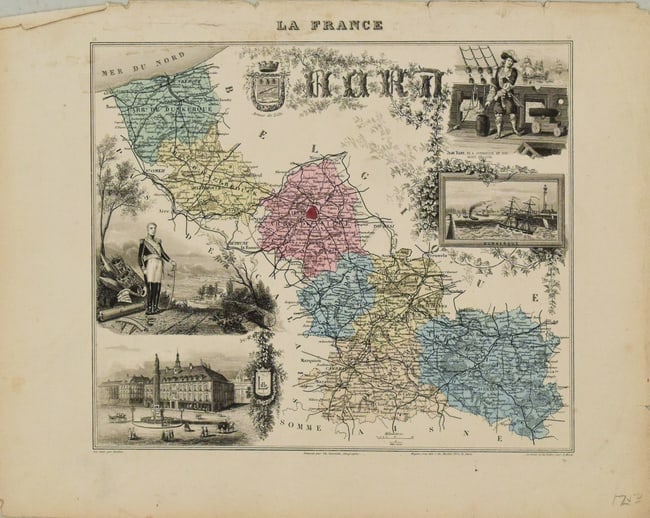 1881 Vuillemin Map of Northern France -- La France. Nord: Title:1881 Vuillemin Map of Northern France -- La France. Nord,li>Cartographer:Ch. Lacoste / A Vuillemin Year/Place:1881 Paris Map Dimension (in.):9 X 9.7 in Description:This is a very nice map of