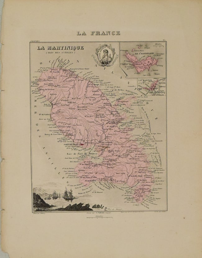 1881 Vuillemin Map of Martinique -- La France. La Martinique (Iles des Antilles): Title:1881 Vuillemin Map of Martinique -- La France. La Martinique (Iles des Antilles),li>Cartographer:A Vuillemin Year/Place:1881 Paris Map Dimension (in.):9.5 X 7 in Description:This is avery attrac