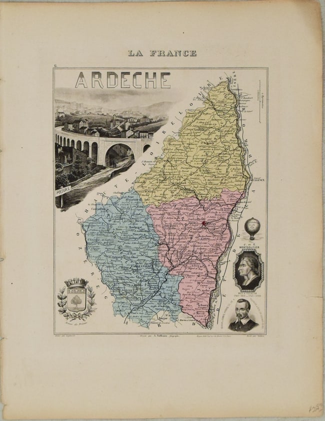 1881 Vuillemin Map of Southern France Along the Rhone -- Ardeche: Title:1881 Vuillemin Map of Southern France Along the Rhone -- Ardeche,li>Cartographer:A Vuillemin Year/Place:1881 Paris Map Dimension (in.):9.4 X 7 in Description:This is a very nice map of the south