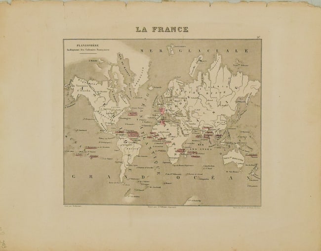1881 Vuillemin World Map with French Colonies Shown -- Planisphere: Indiquant les Colonies Francises: Title:1881 Vuillemin World Map with French Colonies Shown -- Planisphere: Indiquant les Colonies Francises,li>Cartographer:A Vuillemin Year/Place:1881 Paris Map Dimension (in.):7.6 X 8.5 in Descriptio