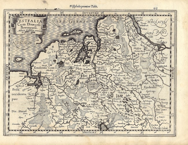 1630 Mercator Map of Northwest Germany -- Westfalia cum Dioecesi Bremensi: Title:1630 Mercator Map of Northwest Germany -- Westfalia cum Dioecesi Bremensi,li>Cartographer:G Mercator Year/Place:1630, Amsterdam Map Dimension (in.):7.2 X 9.8 in. Description:This is an excellent