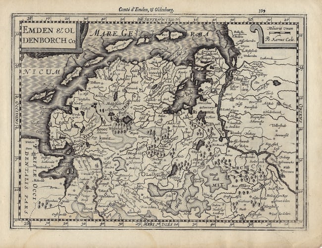 1630 Mercator Map of Northwest Germany in Detail -- Emden & Oldenborch Co: Title:1630 Mercator Map of Northwest Germany in Detail -- Emden & Oldenborch Co,li>Cartographer:G Mercator Year/Place:1630, Amsterdam Map Dimension (in.):7.2 X 9.8 in. Description:This is an excellent