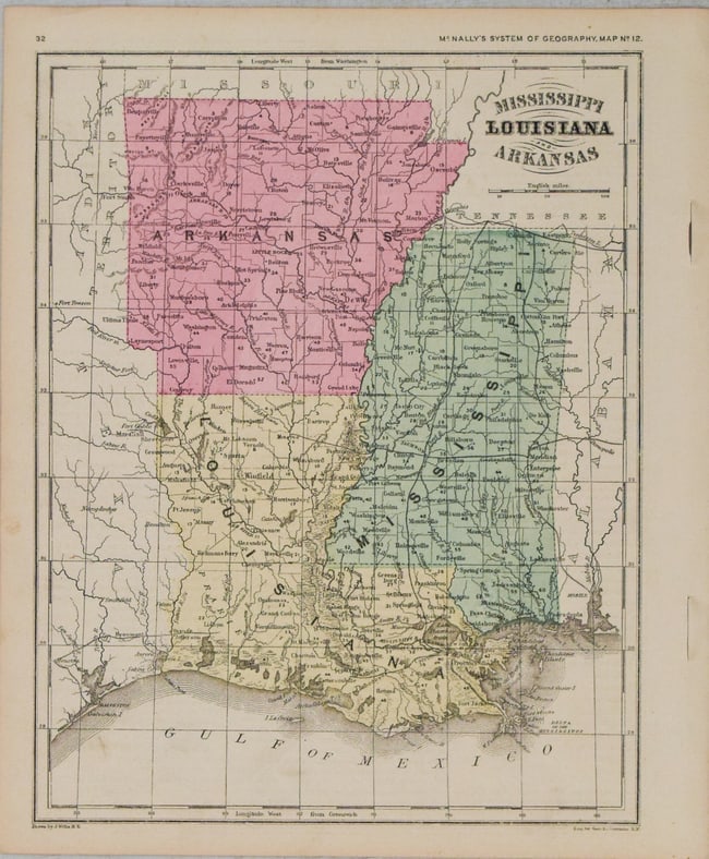 1866 McNally Map of Mississippi, Louisiana and Arkansas -- Mississippi, Louisiana and Arkansas: Title:1866 McNally Map of Mississippi, Louisiana and Arkansas -- Mississippi, Louisiana and Arkansas,li>Cartographer:McNally Co Year/Place:1866, Chicago Map Dimension (in.):10.5 X 8.4 in. Description: