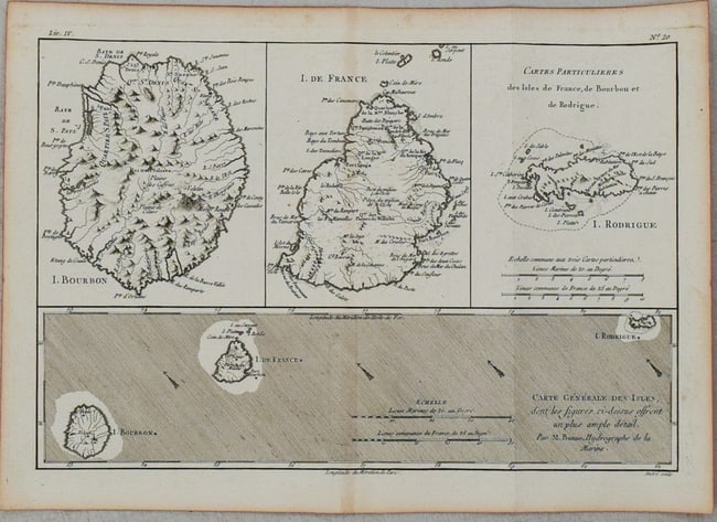 1760 Bonne Map of Reunion (Bourbon), Mauritius (I. de France) and Rodrigue(s) -- Cartes: Title:1760 Bonne Map of Reunion (Bourbon), Mauritius (I. de France) and Rodrigue(s) -- Cartes Particulieres des Isles de France, de Bourbon et de Rodrigue,li>Cartographer:R Bonne Year/Place:1760, Pari