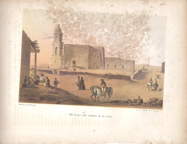 1858 deVaudricourt/ Emory View of El Paso, TX -- The Plaza and Church of El Paso: Title:1858 deVaudricourt/ Emory View of El Paso, TX -- The Plaza and Church of El Paso,li>Cartographer:A deVaudricourt/ W Emory Year/Place:1858, Washington Map Dimension (in.):5.5 X 8.4 in.
