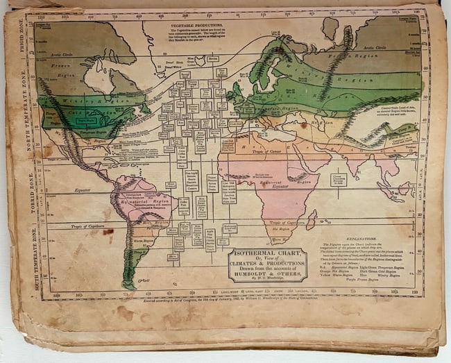 1823 Woodbridge Maps of Climate, Vegetation and Animals of the World -- Isothermal Chart or View of: Title:1823 Woodbridge Maps of Climate, Vegetation and Animals of the World -- Isothermal Chart or View of Climates & Productions [verso] Chart of the Principal Animals of the World,li>Cartographer:W.
