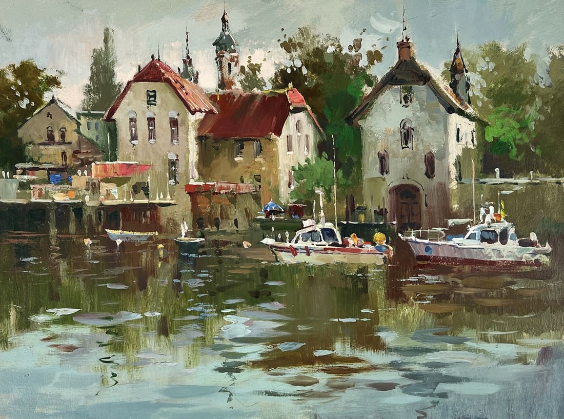 Oil painting River Town on a Gloomy Day Yuriy Suprunchuk - 3