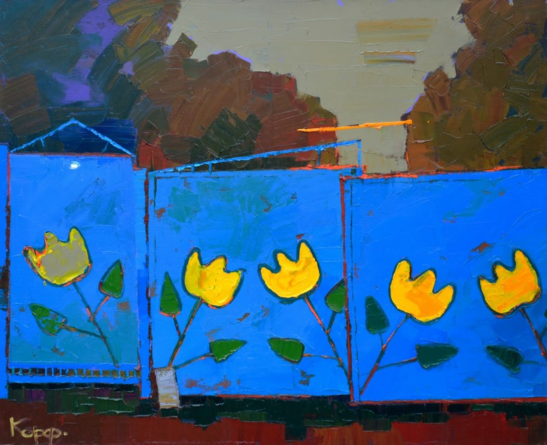 Oil painting Blue village gates Natalia Korf-Ivaniuk (1 of 7)