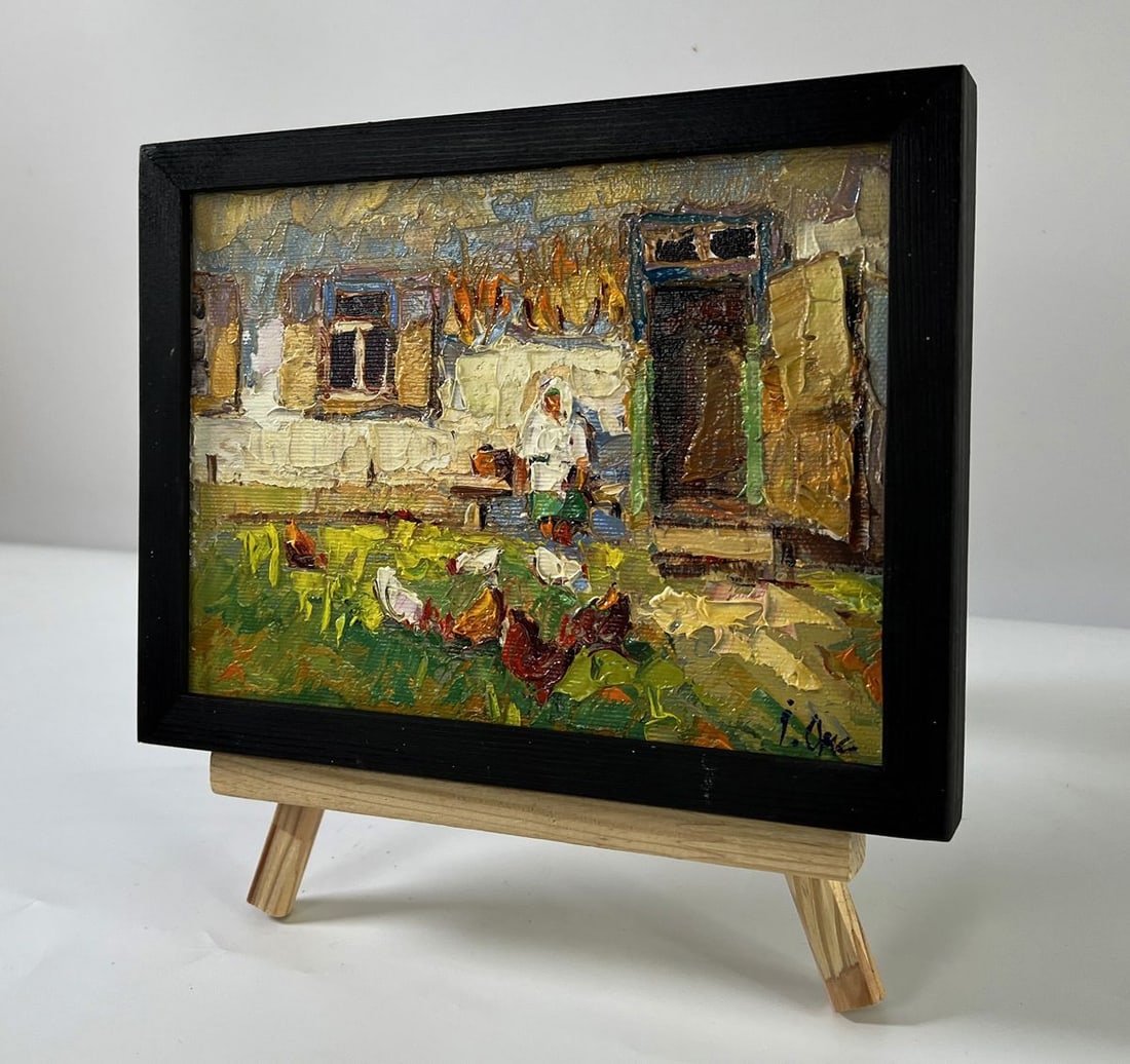 Oil painting Chickens in the yard of the house Oksana Ivanyuk - 2