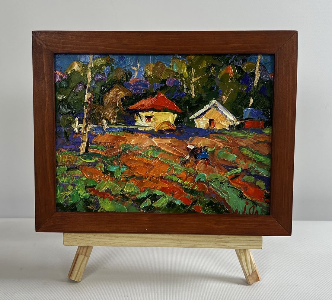 Oil painting Sunny day in the garden Alex Kalenyuk: Title: Oil painting Sunny day in the garden Alex Kalenyuk Description: AAA4732 The oil painting on cardboard titled "Sunny Day in the Garden" is a vivid depiction of rural life, where nature and human