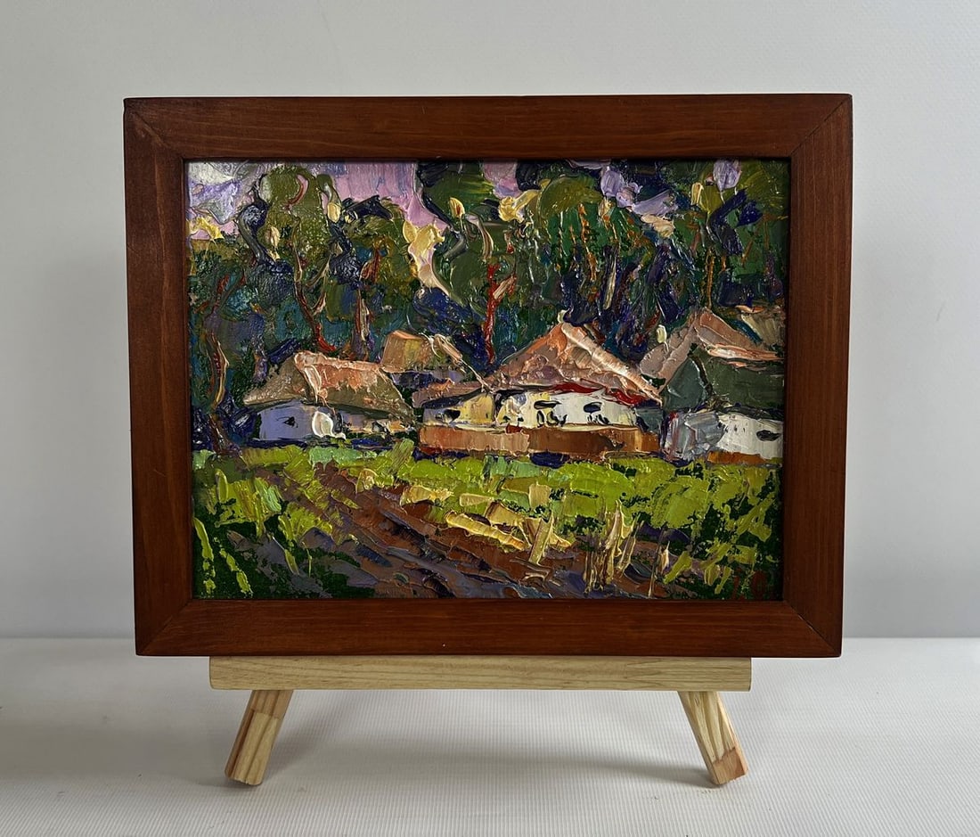 Oil painting On the edge of the village Alex Kalenyuk: Title: Oil painting On the edge of the village Alex Kalenyuk Description: AAA4740 The oil painting on cardboard titled "On the Edge of the Village" captures the serene beauty of a rural landscape