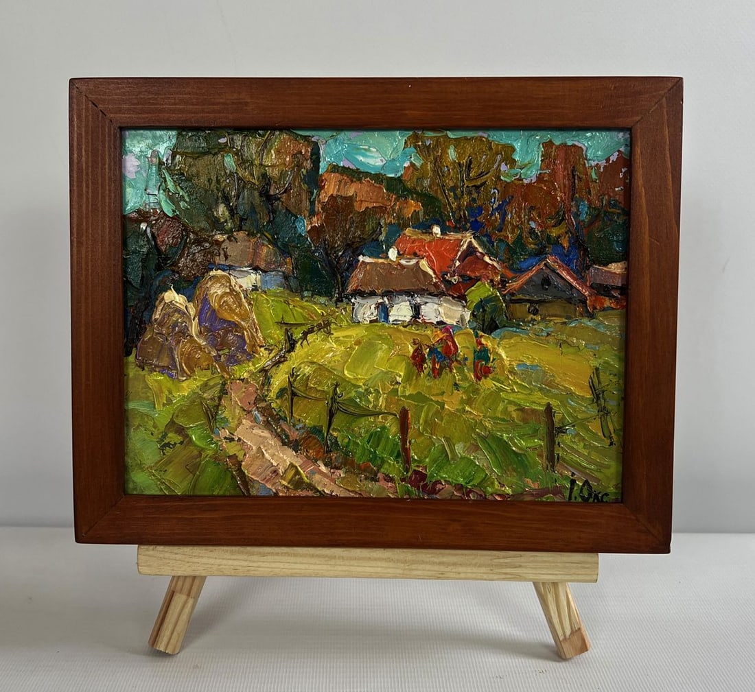 Oil painting After a walk home Oksana Kalenyuk: Title: Oil painting After a walk home Oksana Kalenyuk Description: AAA4746 The oil painting on cardboard titled "After a Walk Home" captures a picturesque rural scene bathed in warm sunlight, evoking 