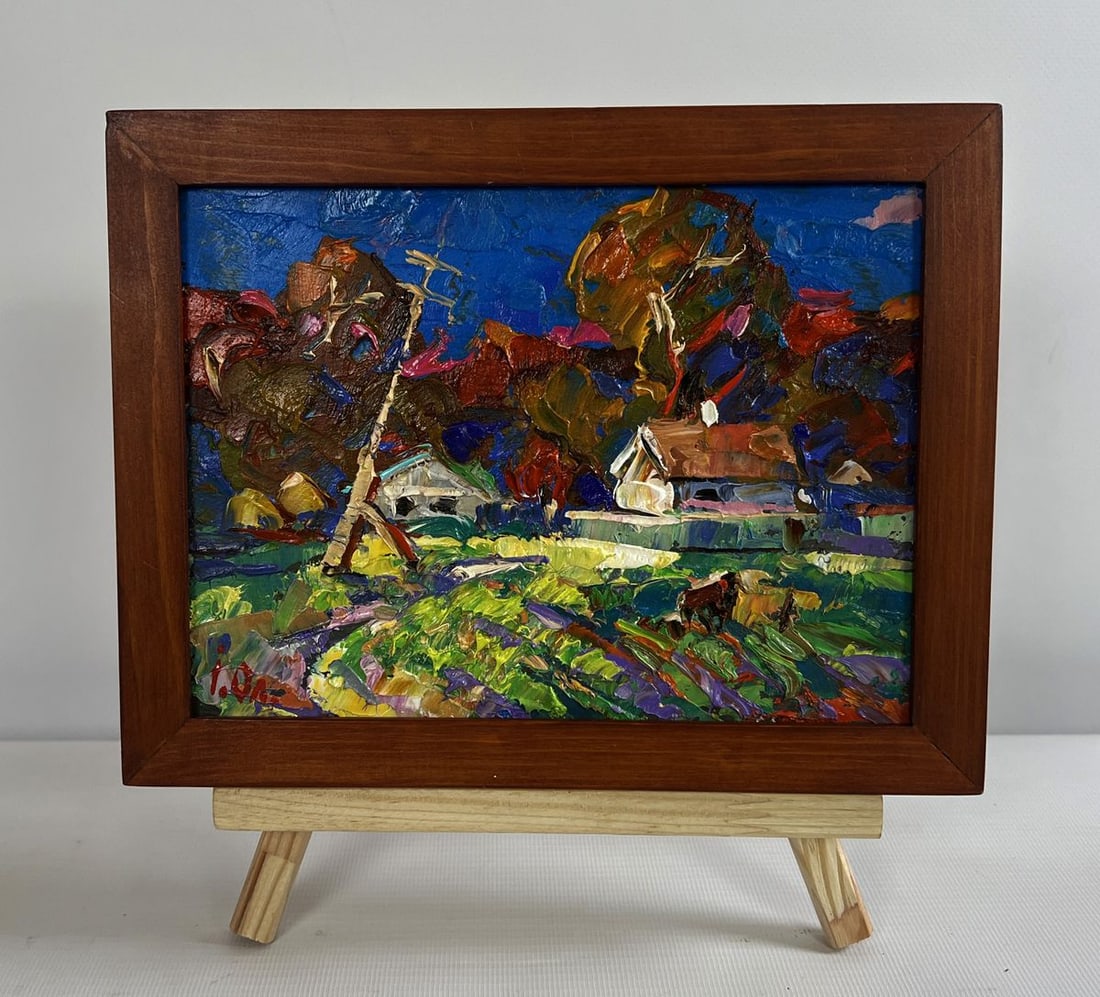 Oil painting Autumn has come to the village Alex Kalenyuk: Title: Oil painting Autumn has come to the village Alex Kalenyuk Description: AAA4751 The oil painting on cardboard titled "Autumn Has Come to the Village" beautifully captures the essence of a countr