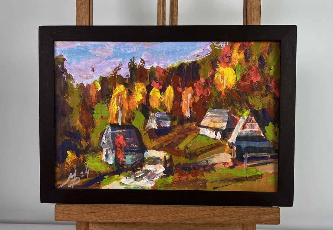 Acrylic painting The village is shrouded in autumn Mykhailo Patskan: Title: Acrylic painting The village is shrouded in autumn Mykhailo Patskan Description: AAA4867 The acrylic painting on cardboard titled "The Village is Shrouded in Autumn" is a vibrant and atmospheri