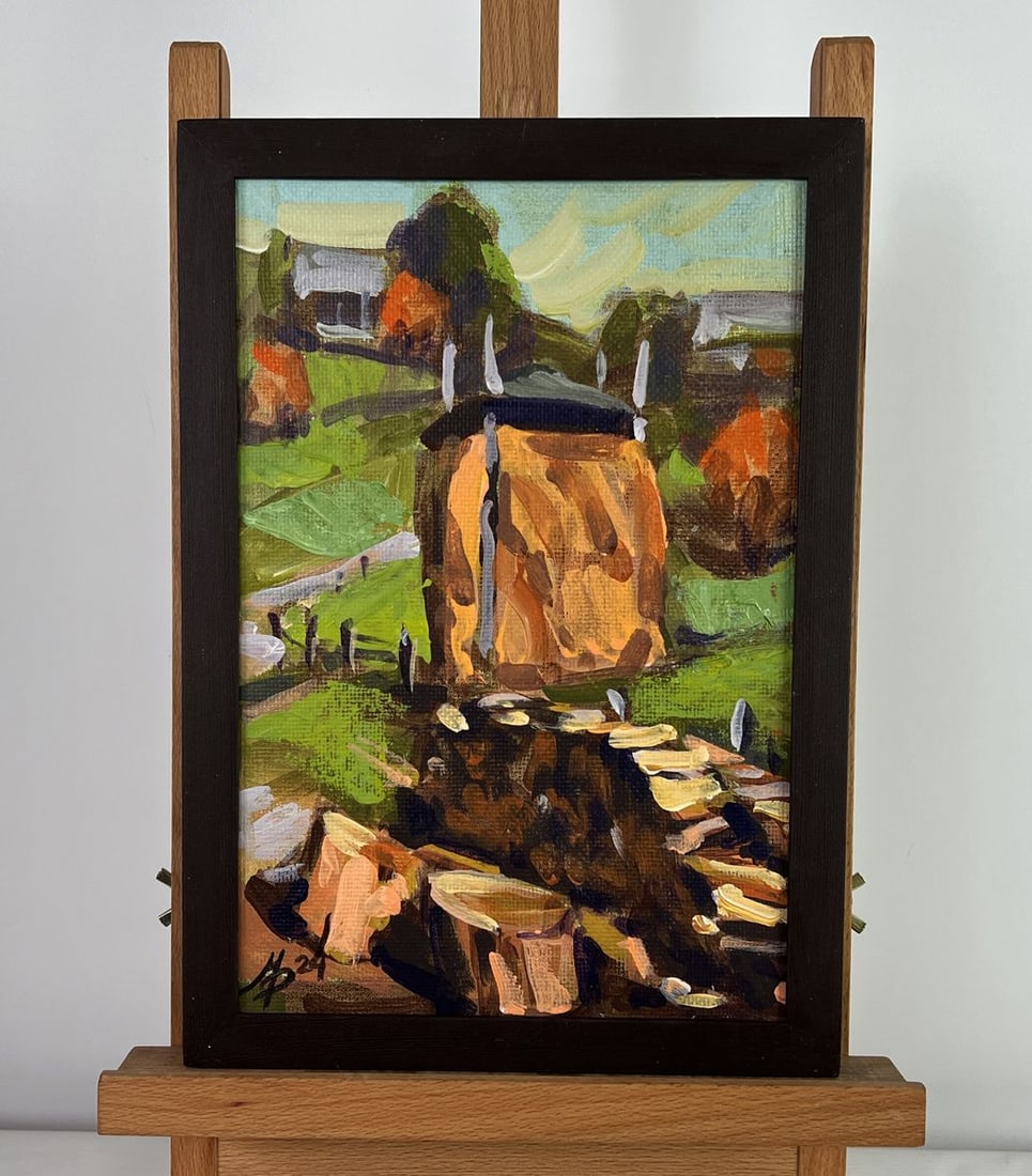 Acrylic painting Working days in the village Mykhailo Patskan: Title: Acrylic painting Working days in the village Mykhailo Patskan Description: AAA4872 The acrylic painting on cardboard titled "Working Days in the Village" offers a vibrant and textured glimpse i