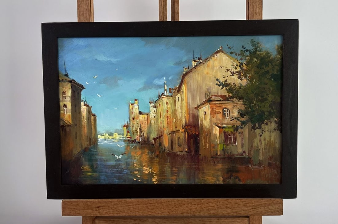 Oil painting City on the water Yuriy Suprunchuk: Title: Oil painting City on the water Yuriy Suprunchuk Description: AAA4957 The oil painting on cardboard titled "City on the Water" invites viewers into a dreamlike urban landscape, where the archite