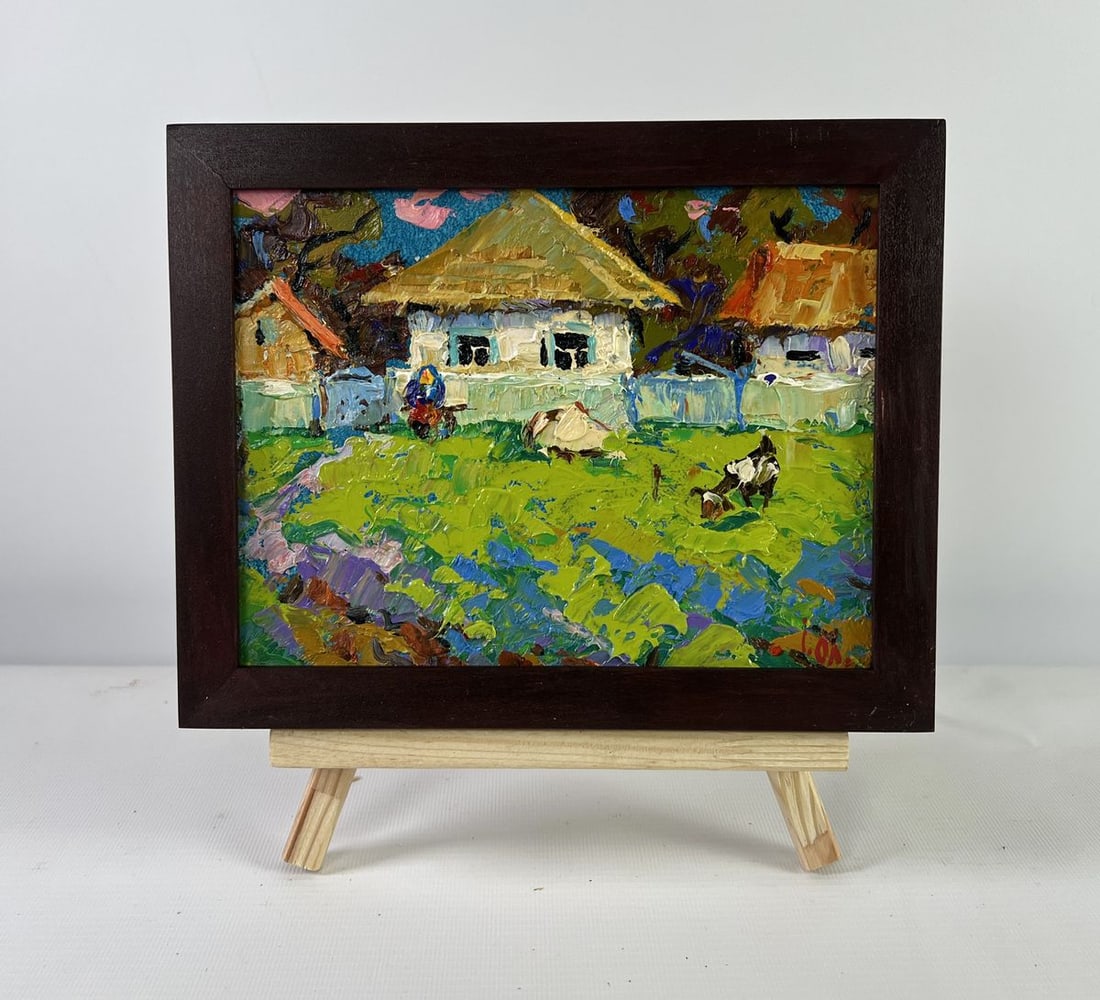 Oil painting Silence filled with warmth Alex Kalenyuk: Title: Oil painting Silence filled with warmth Alex Kalenyuk Description: AAA5098 The oil painting on Cardboard titled "Silence Filled with Warmth" captures a moment of pastoral tranquility, where lif