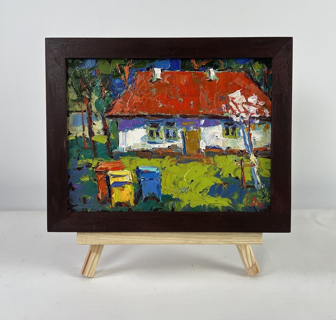 Oil painting Near the house a life of its own Oksana Kalenyuk: Title: Oil painting Near the house a life of its own Oksana Kalenyuk Description: AAA5106 The oil painting on Cardboard titled "Near the House a Life of Its Own" encapsulates a vibrant, lived-in world