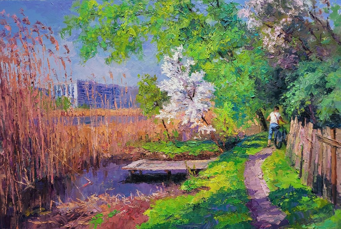 Oil painting May Boris Serdyuk: Title: Oil painting May Boris Serdyuk Description: SERB 1062 This oil painting captures the essence of a serene May landscape, pulsating with the vitality of spring. The scene is set in a verdant loca