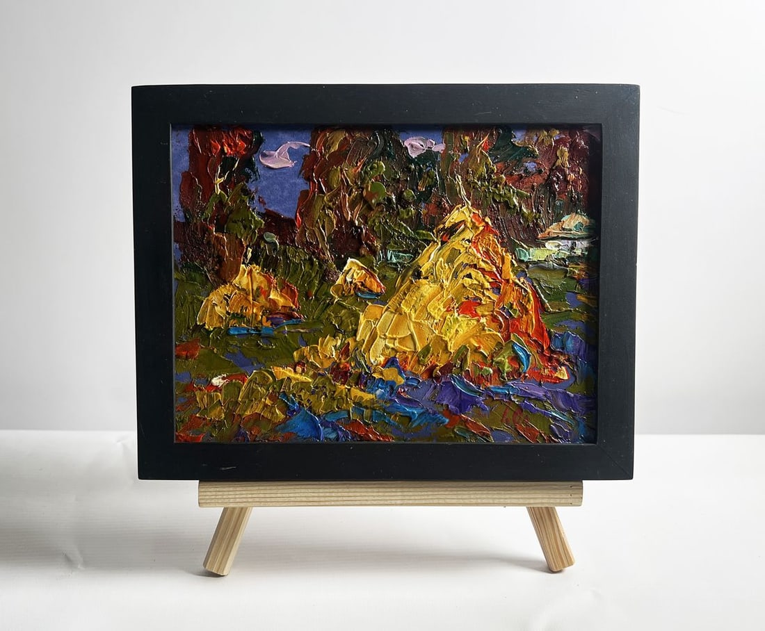 Oil painting Returning from the field in the evening Alex Kalenyuk: Title: Oil painting Returning from the field in the evening Alex Kalenyuk Description: AAA4090 This oil painting cardboard, titled "Returning from the field in the evening", the scene is dominated by 