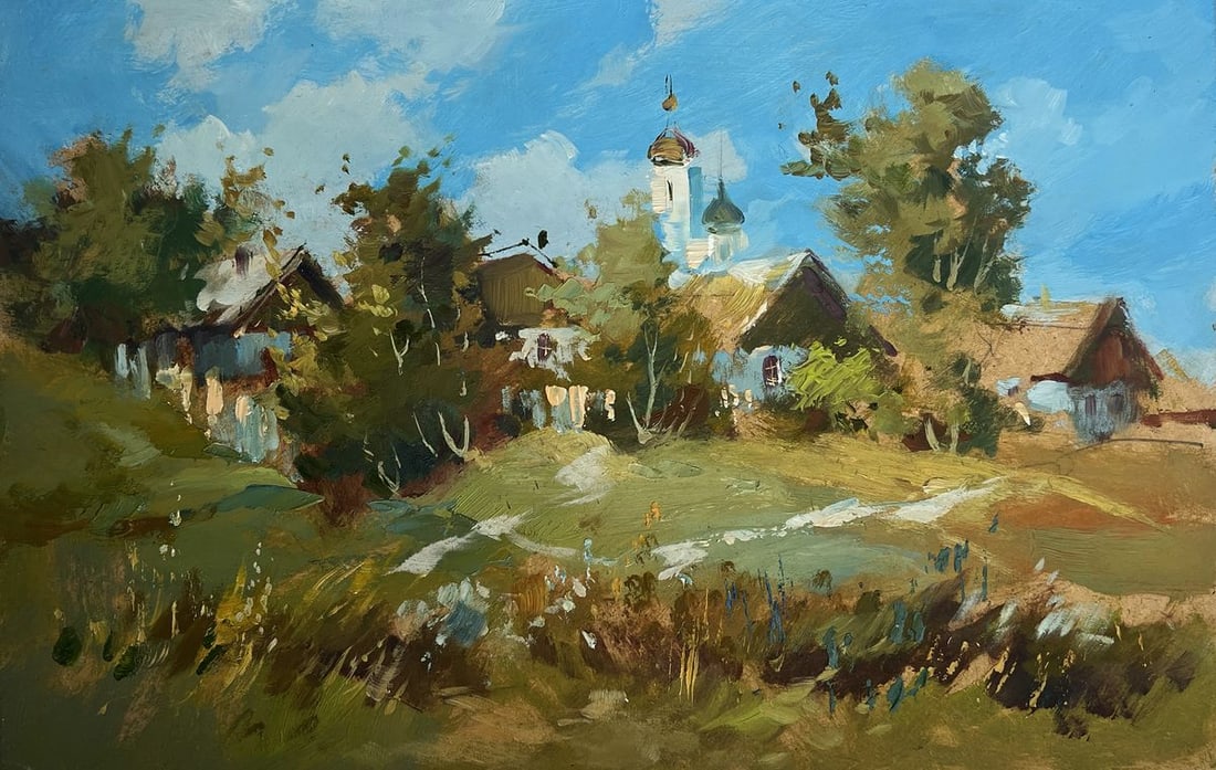 Oil painting View of the village and the church Yuriy Suprunchuk - 3