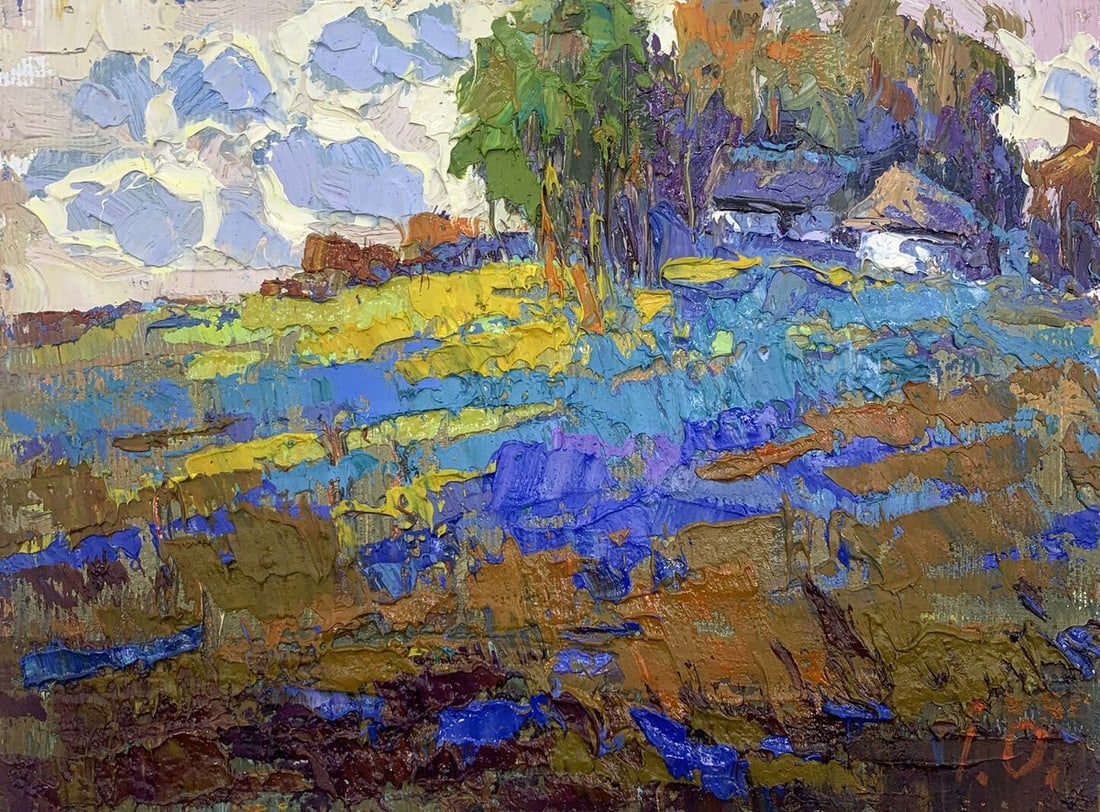 Oil painting Edge of the village Kalenyuk Oksana: Title: Oil painting Edge of the village Kalenyuk Oksana Description: AAA3093 "Edge of the Village" is an impressionistic oil painting that uses a vivid and dynamic array of colors and textures to depi
