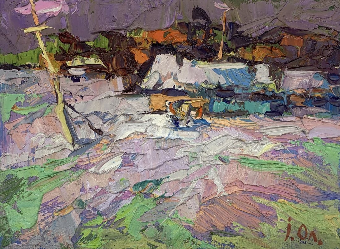 Oil painting On the edge of the village Kalenyuk Alex: Title: Oil painting On the edge of the village Kalenyuk Alex Description: AAA3116 The oil painting "On the Edge of the Village" is a vivid, textural representation of a rural landscape. The artist