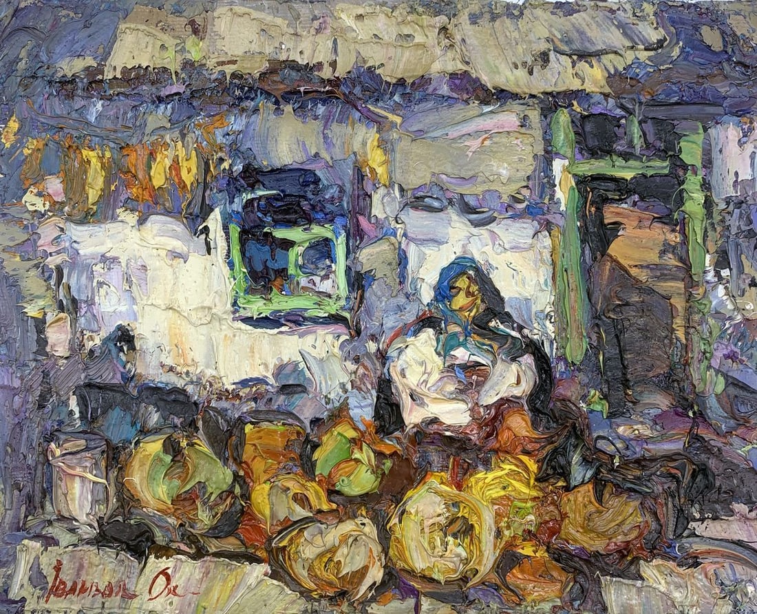 Oil painting Near the threshold Kalenyuk Oksana: Title: Oil painting Near the threshold Kalenyuk Oksana Description: AAA3137 "Near the Threshold" is an oil painting that seems to capture a moment of domestic tranquility and daily life. The artist