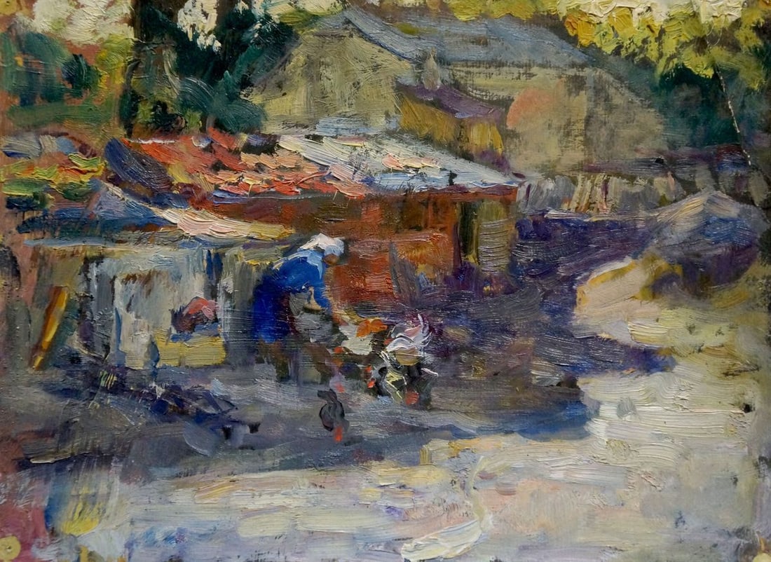 Oil painting Outside: Title: Oil painting Outside Description: Verns 1073 *** ABOUT THIS PAINTING *** * TITLE: "Outside" * ARTISTS: Atributed Shikhaliyev * SIZE: 24x33 cm/'9.44x12.99 inches' * MEDIUM: oil, cardboard *
