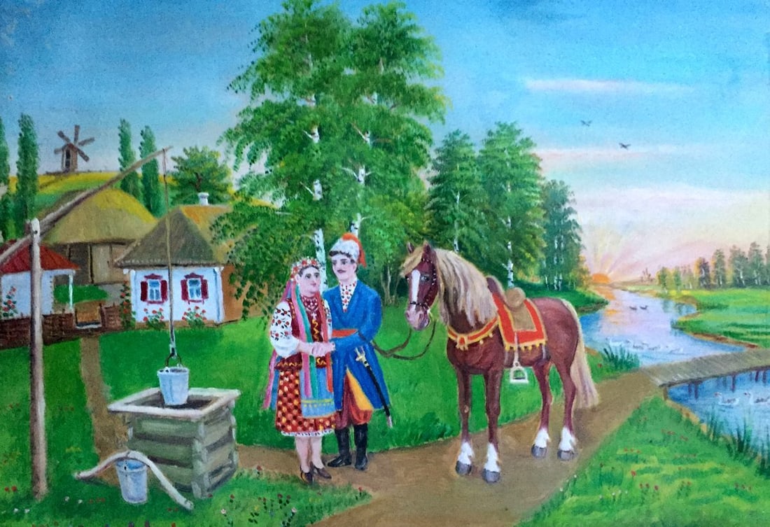 Oil painting Ukrainian naive village: Title: Oil painting Ukrainian naive village Description: 531 * TITLE: "Ukrainian village" * SIZE: 74x50cm/'29.13x19.68 inches' * MEDIUM: oil, cardboard * HAND PAINTED: Original painting from our colle