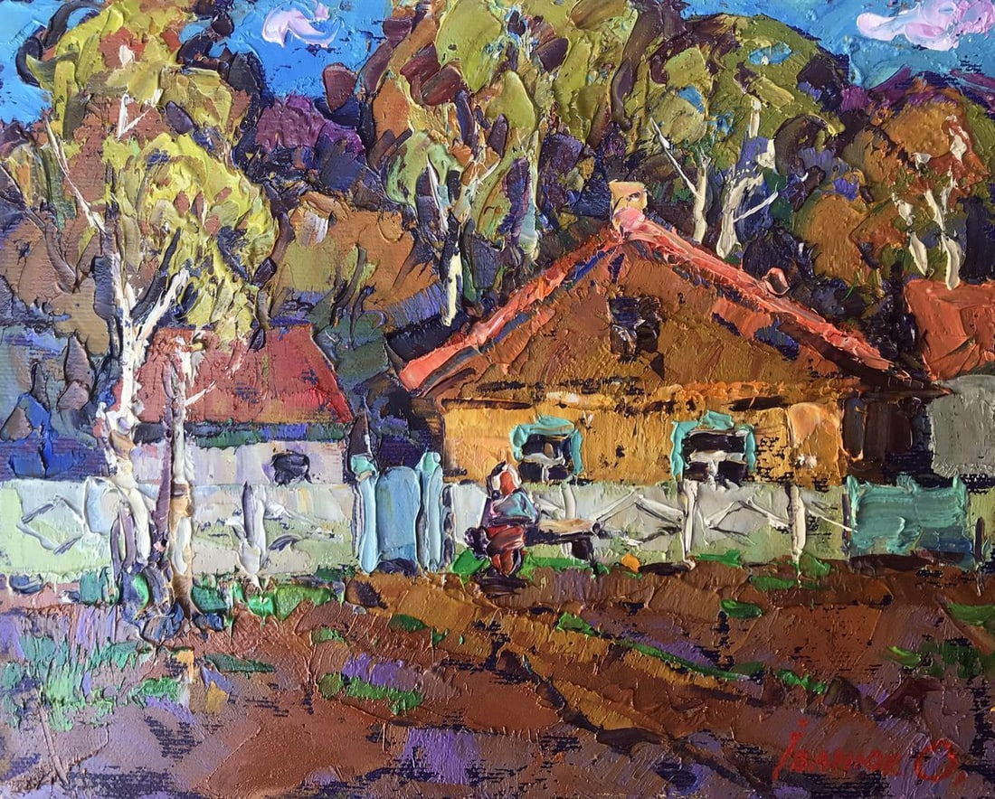 Oil painting Near the courtyard Kalenyuk Alex: Title: Oil painting Near the courtyard Kalenyuk Alex Description: AAA2827 "Near the Yard" is an enchanting oil painting that captures the serene beauty of an autumn landscape. The artist skillfully