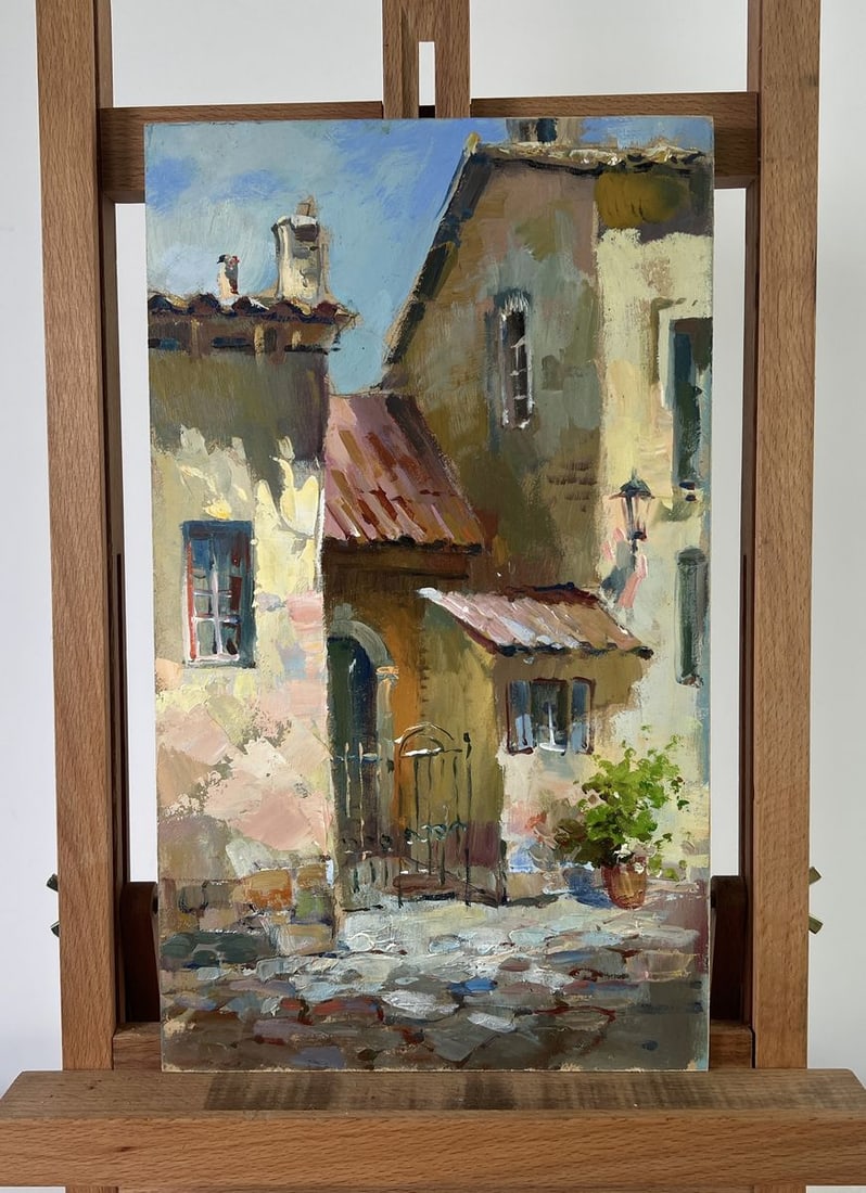 Oil painting Path to the house through the alley Yuriy Suprunchuk: Title: Oil painting Path to the house through the alley Yuriy Suprunchuk Description: AAA4379 The oil painting on Cardboard titled "Path to the House Through the Alley" captures a warm and inviting mo