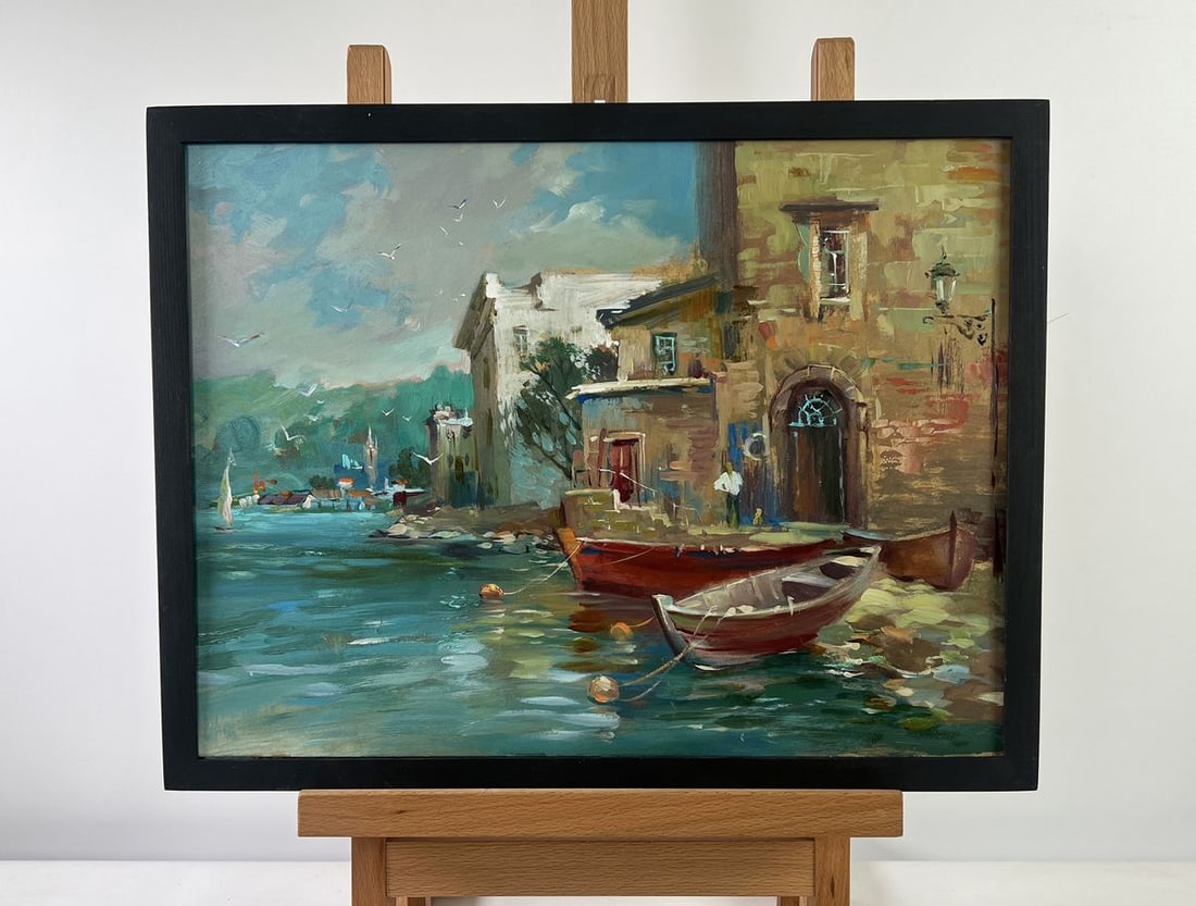 Oil painting Pier in evening colors Yuriy Suprunchuk: Title: Oil painting Pier in evening colors Yuriy Suprunchuk Description: AAA5177 The oil painting on Cardboard titled "Pier in Evening Colors" vividly captures the quiet poetry of a coastal town as da