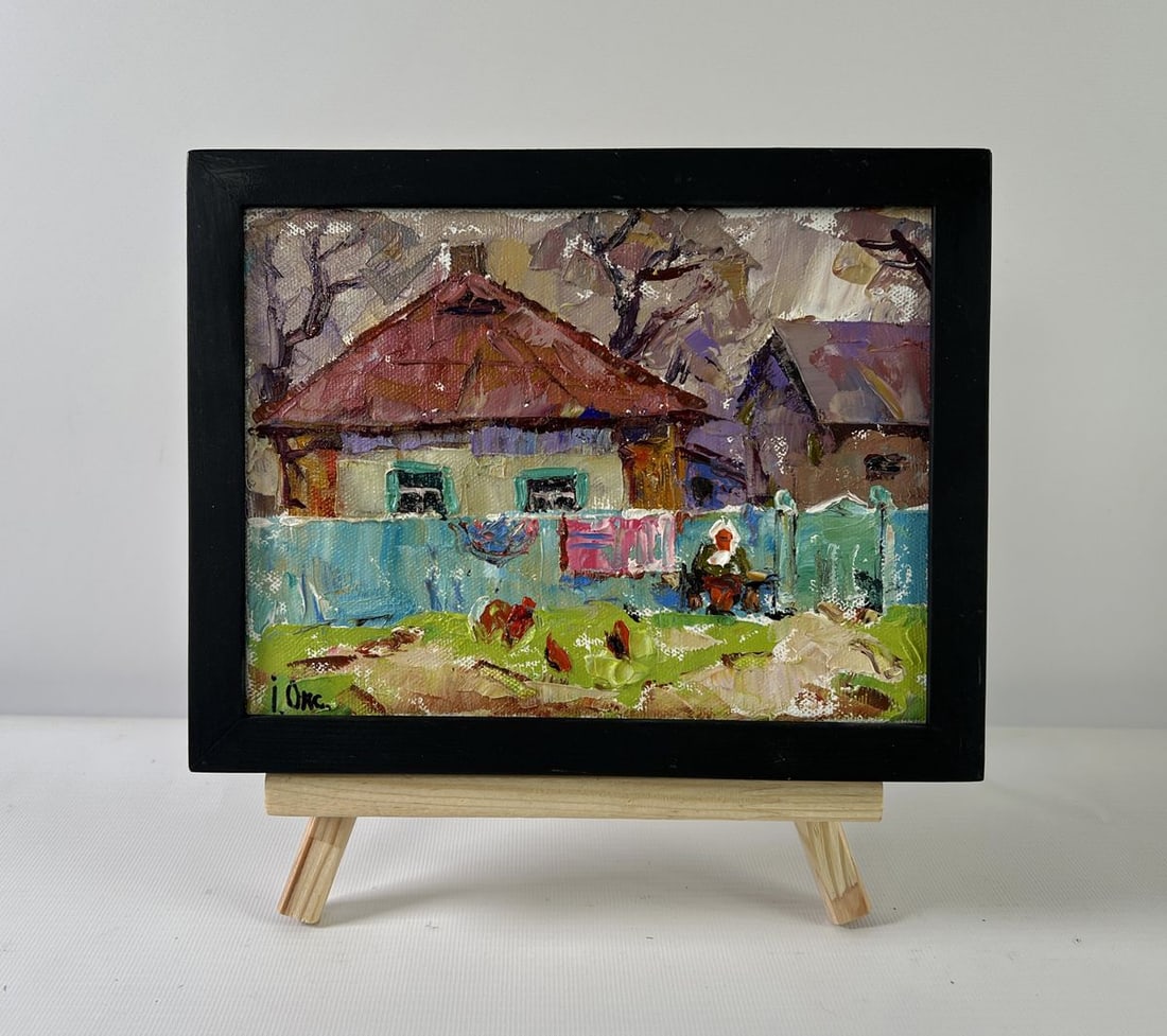 Oil painting Yard in Sunset Light Oksana Kalenyuk: Title: Oil painting Yard in Sunset Light Oksana Kalenyuk Description: AAA5223 The oil painting on Canvas titled "Yard in Sunset Light" is a heartfelt portrayal of rural life, steeped in quiet