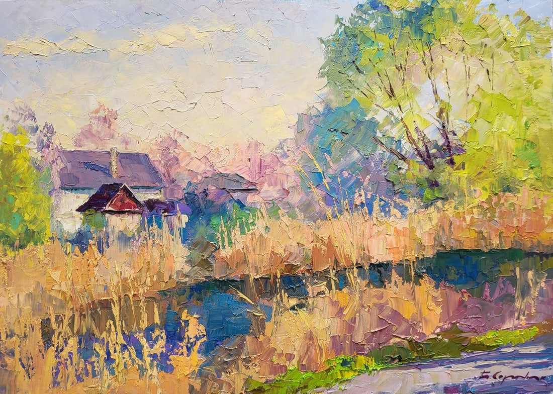 Oil painting Sunny April Boris Serdyuk: Title: Oil painting Sunny April Boris Serdyuk Description: SERB 1077 "Sunny April" is a vibrant and enchanting oil painting that captures the serene beauty of an early spring day. The scene depicts a 