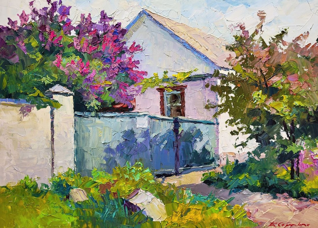 Oil painting Lilac bush Boris Serdyuk: Title: Oil painting Lilac bush Boris Serdyuk Description: SERB 1086 "Lilac Bush" is a captivating oil painting that vividly captures the charm and vibrancy of a rural scene dominated by a blooming lil