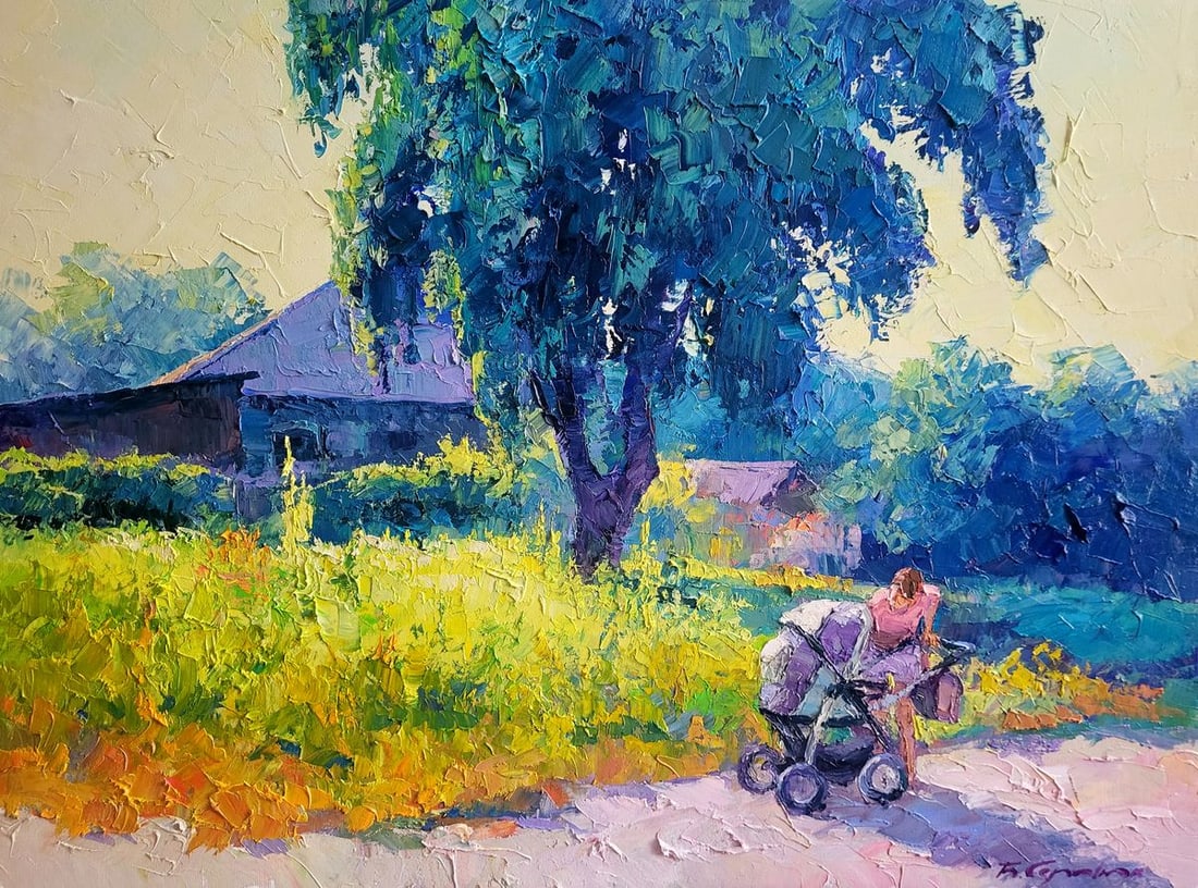 Oil painting Morning Boris Serdyuk: Title: Oil painting Morning Boris Serdyuk Description: SERB 1103 The painting titled "Morning" beautifully captures the essence of a quiet, sunlit village scene, brimming with the warmth of a new day.