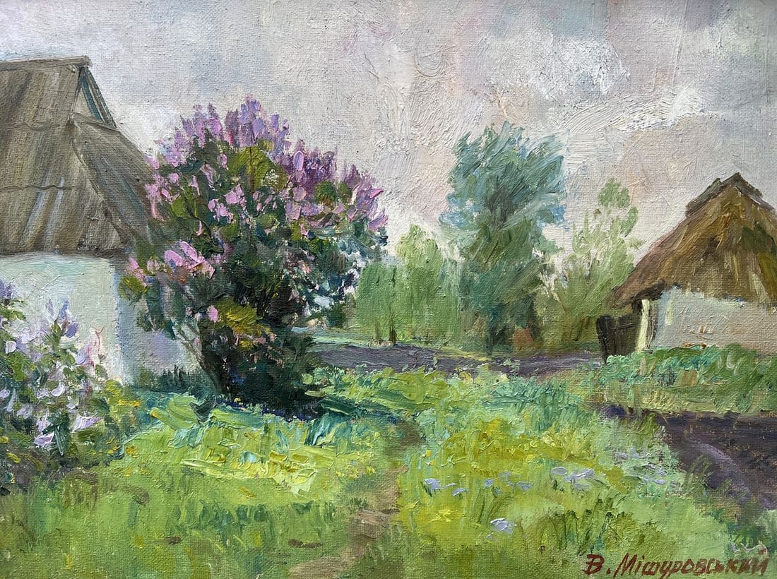 Oil painting May came V. Mishurovsky: Title: Oil painting May came V. Mishurovsky Description: 264 "May Came" by Viktor Myshurovsky captures the serene beauty of a rural Ukrainian village as spring fully blooms. The painting features a lu