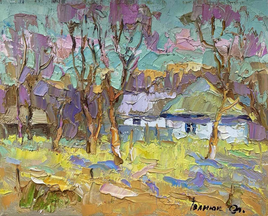Oil painting The snow came down Alex Kalenyuk: Title: Oil painting The snow came down Alex Kalenyuk Description: Kalen 1252 The oil painting titled "The Snow Came Down" is a vivid, textural depiction of a rural landscape caught in the moment when 