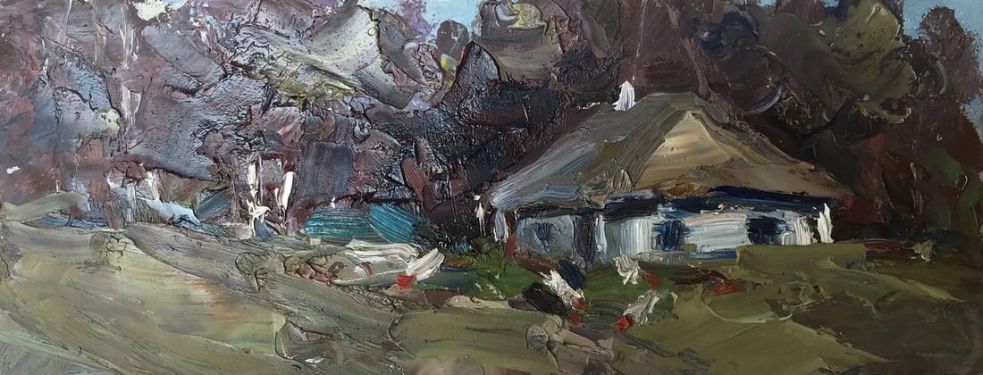 Oil painting House on the outskirts Alexander Nikolaevich Cherednichenko: Title: Oil painting House on the outskirts Alexander Nikolaevich Cherednichenko Description: AAA2701 The oil painting depicts a charming scene of rural village life. In the foreground, a small house s