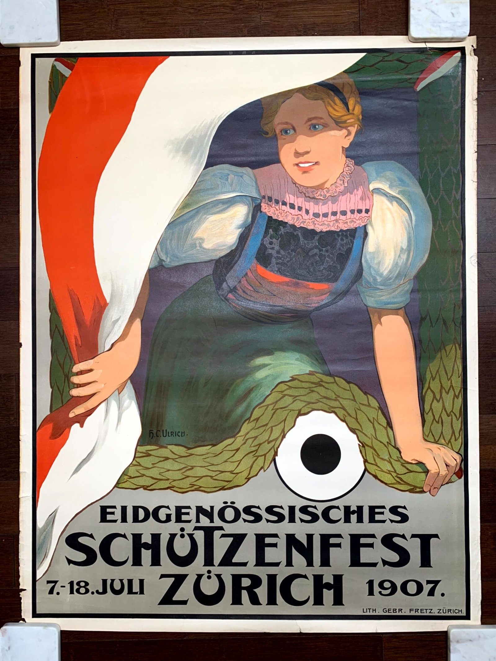 Schotzenfest Zurich - Art by Ulrich (1907) 32.5x41.5 Swiss Litho Poster LB: Schotzenfest Zurich - Art by Ulrich (1907) 32.5x41.5 Swiss Litho Poster LB Reserve: $468 Shipping: Domestic: Flat-rate of $42 to anywhere within the contiguous U.S. International: Foreign shipping rat