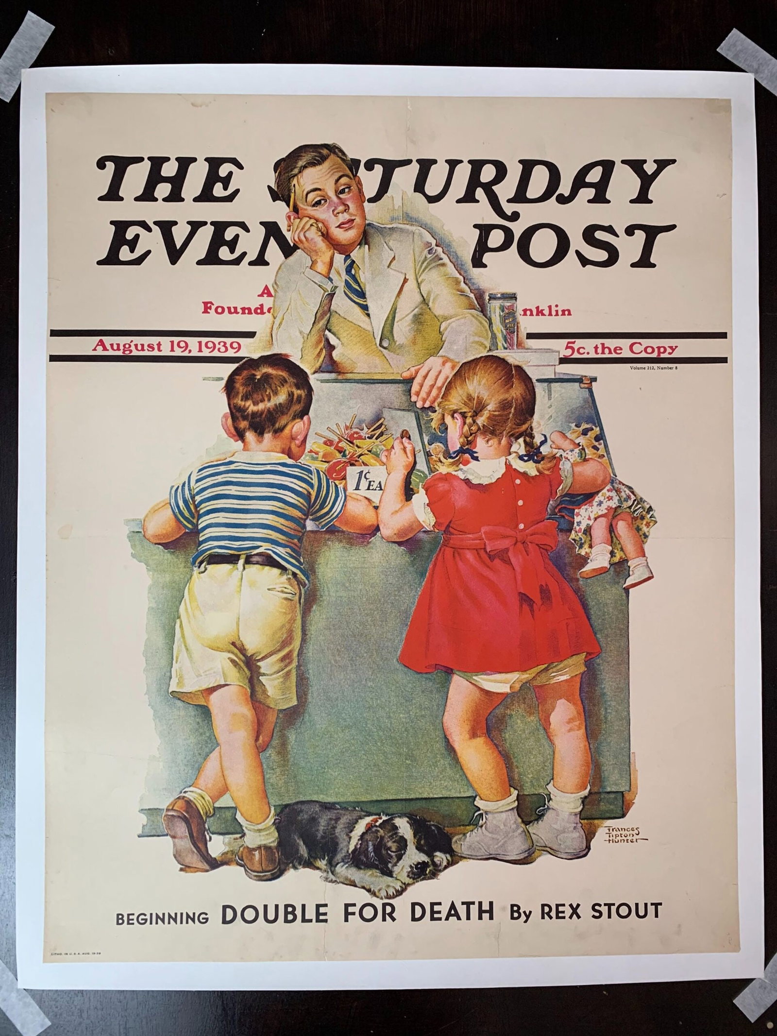 22x27.5 1939 Newstand Poster Saturday Evening Post - Art By Frances Tipton Hunter penny Candy LB: 22x27.5 1939 Newstand Poster Saturday Evening Post - Art By Frances Tipton Hunter penny Candy LB Reserve: $383 Shipping: Domestic: Flat-rate of $42 to anywhere within the contiguous U.S.