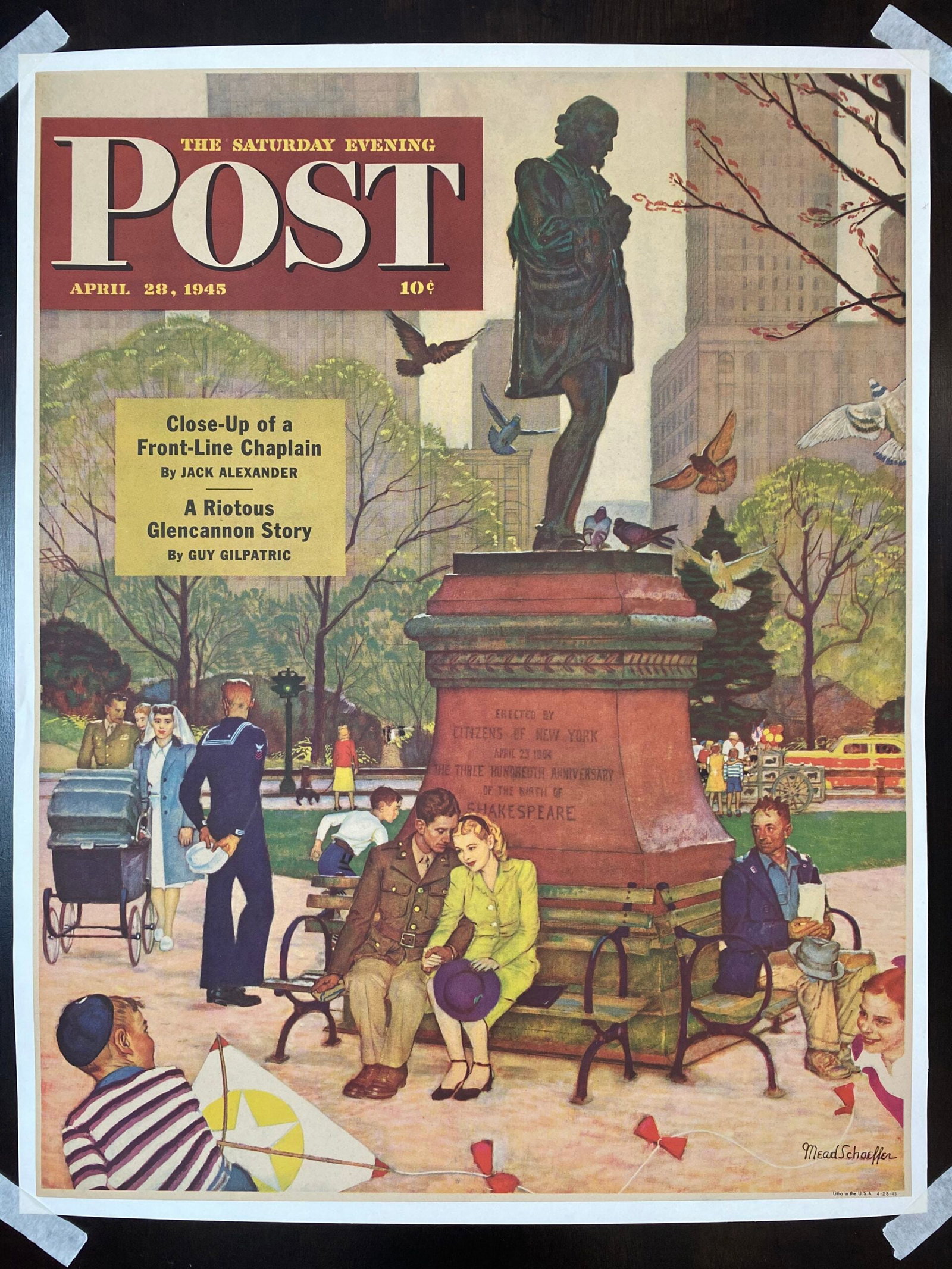 22x28 1945 Newstand Poster Saturday Evening Post - Art By Mead Schaeffer romance Under: 22x28 1945 Newstand Poster Saturday Evening Post - Art By Mead Schaeffer romance Under Shakespeare’s Statue LB Reserve: $361 Shipping: Domestic: Flat-rate of $42 to anywhere within the contiguous