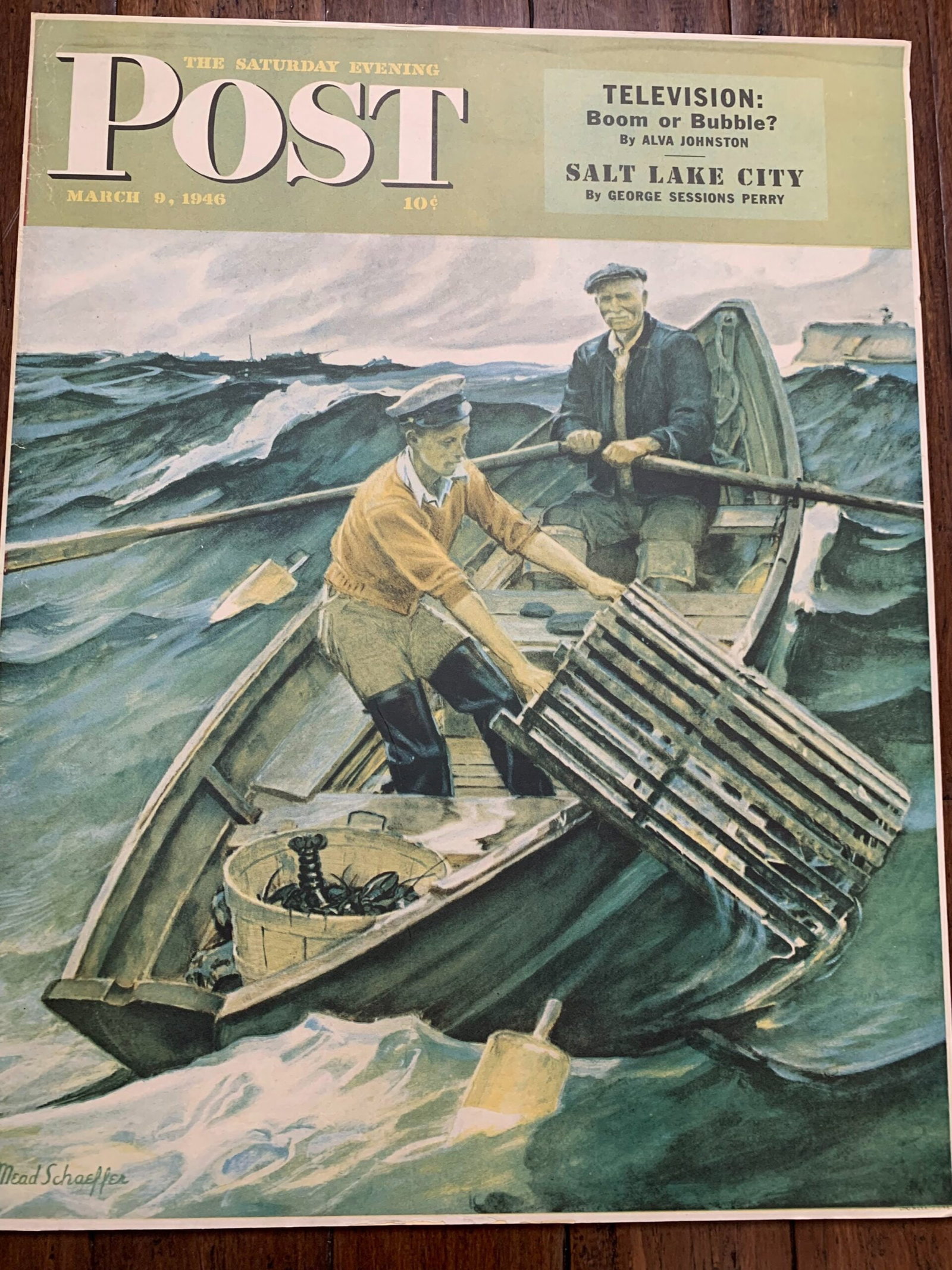 22x28 1946 Newstand Poster Saturday Evening Post - Art By Mead Schaeffer lobstermen - Foam Backed: 22x28 1946 Newstand Poster Saturday Evening Post - Art By Mead Schaeffer lobstermen - Foam Backed Reserve: $361 Shipping: Domestic: Flat-rate of $42 to anywhere within the contiguous U.S.