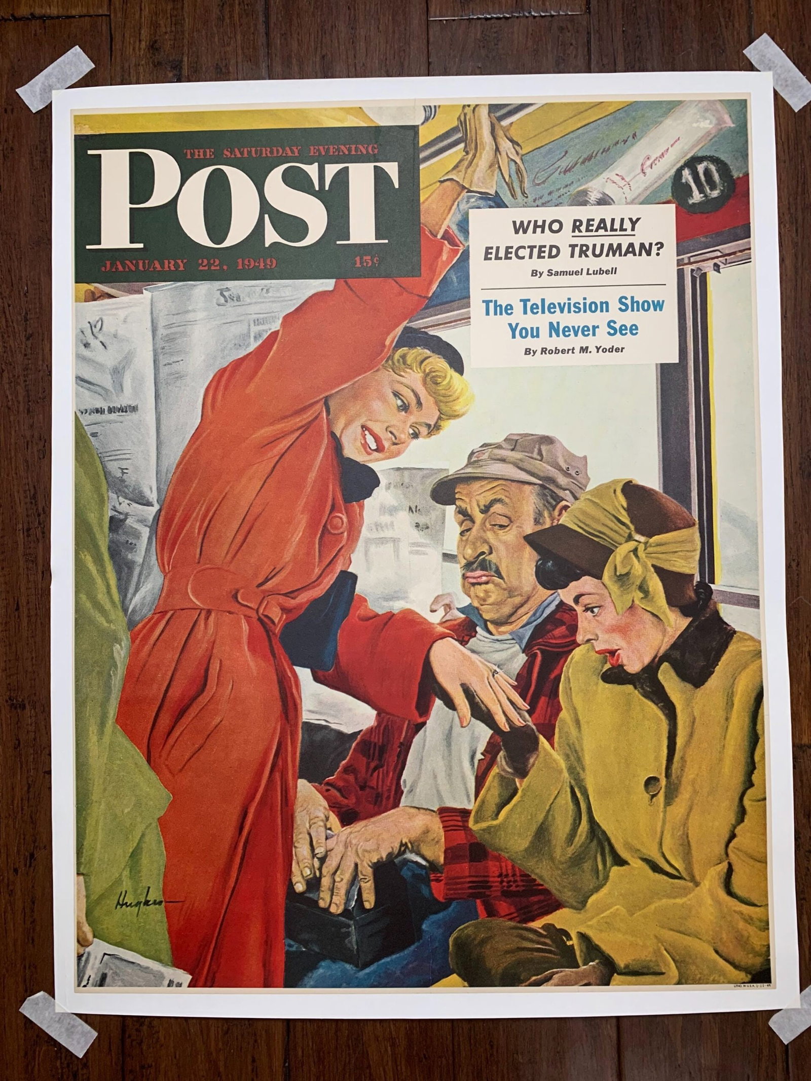 21.75x28 1949 Newstand Poster Saturday Evening Post - Art By George Hughes showing Off Her Ring LB: 21.75x28 1949 Newstand Poster Saturday Evening Post - Art By George Hughes showing Off Her Ring LB Reserve: $361 Shipping: Domestic: Flat-rate of $42 to anywhere within the contiguous U.S.