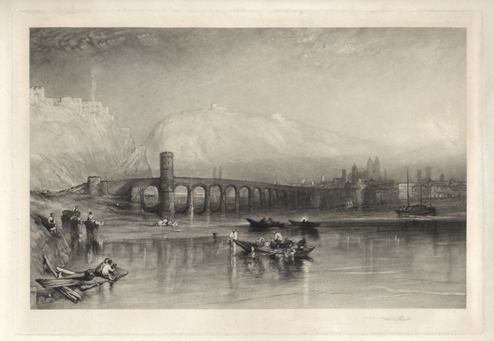 J. M. W. Turner | Sir Frank Short mezzotint "Erhrenbreitstein to Coblenz, No. 2" signed: Medium: mezzotint. Catalogue reference: Hardie 95. Executed in 1913 by Sir Frank Short after J. M. W. Turner and signed in pencil by Sir Frank Short. Printed on chine-collé paper in an edition of