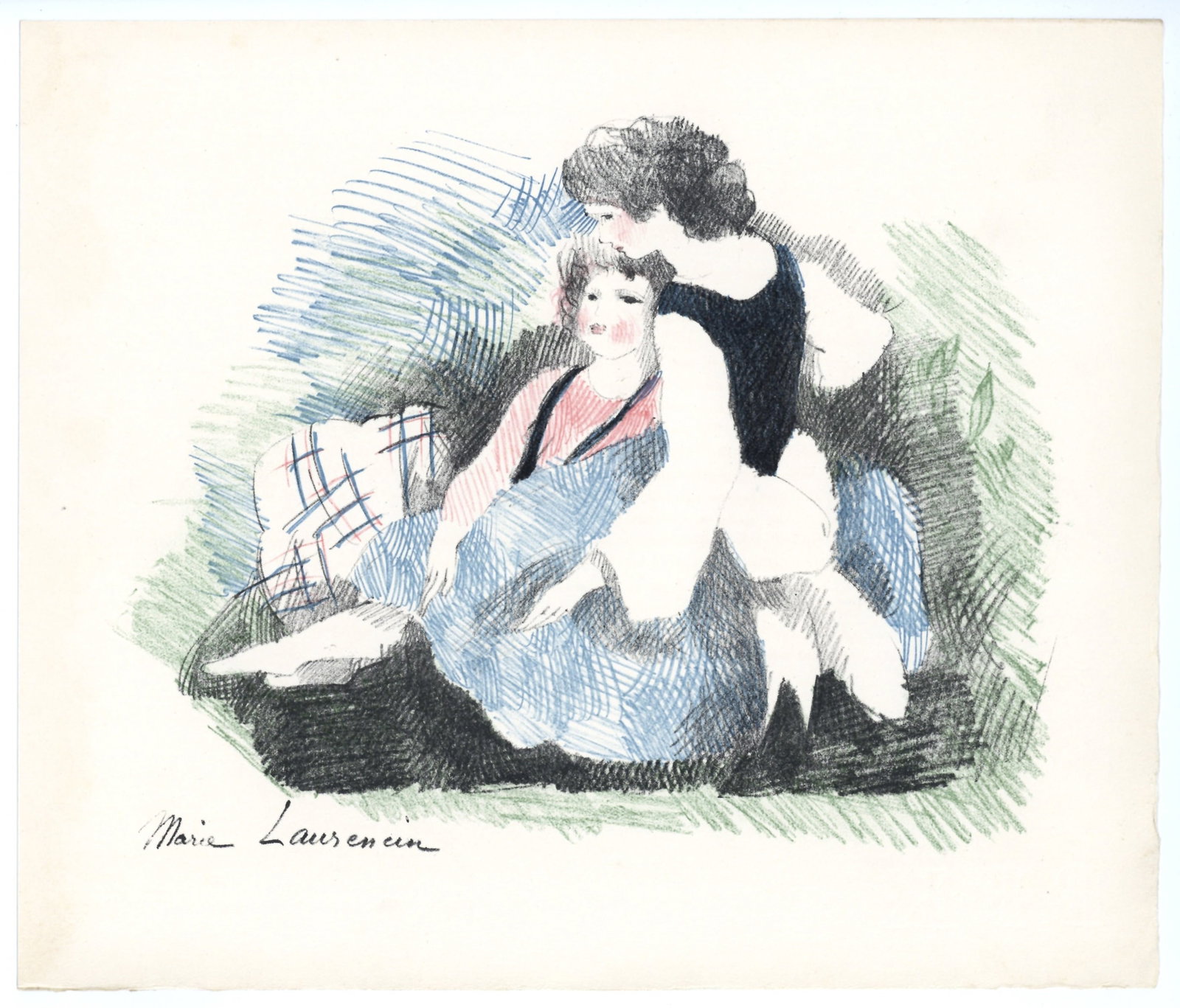 Marie Laurencin original lithograph for Alice in Wonderland - The Sleep of Alice: Medium: original lithograph. Printed in Paris in 1930 at the Atelier Desjobert for "Alice's Adventures in Wonderland". This is from the edition of 350 on Rives paper printed under the direction of